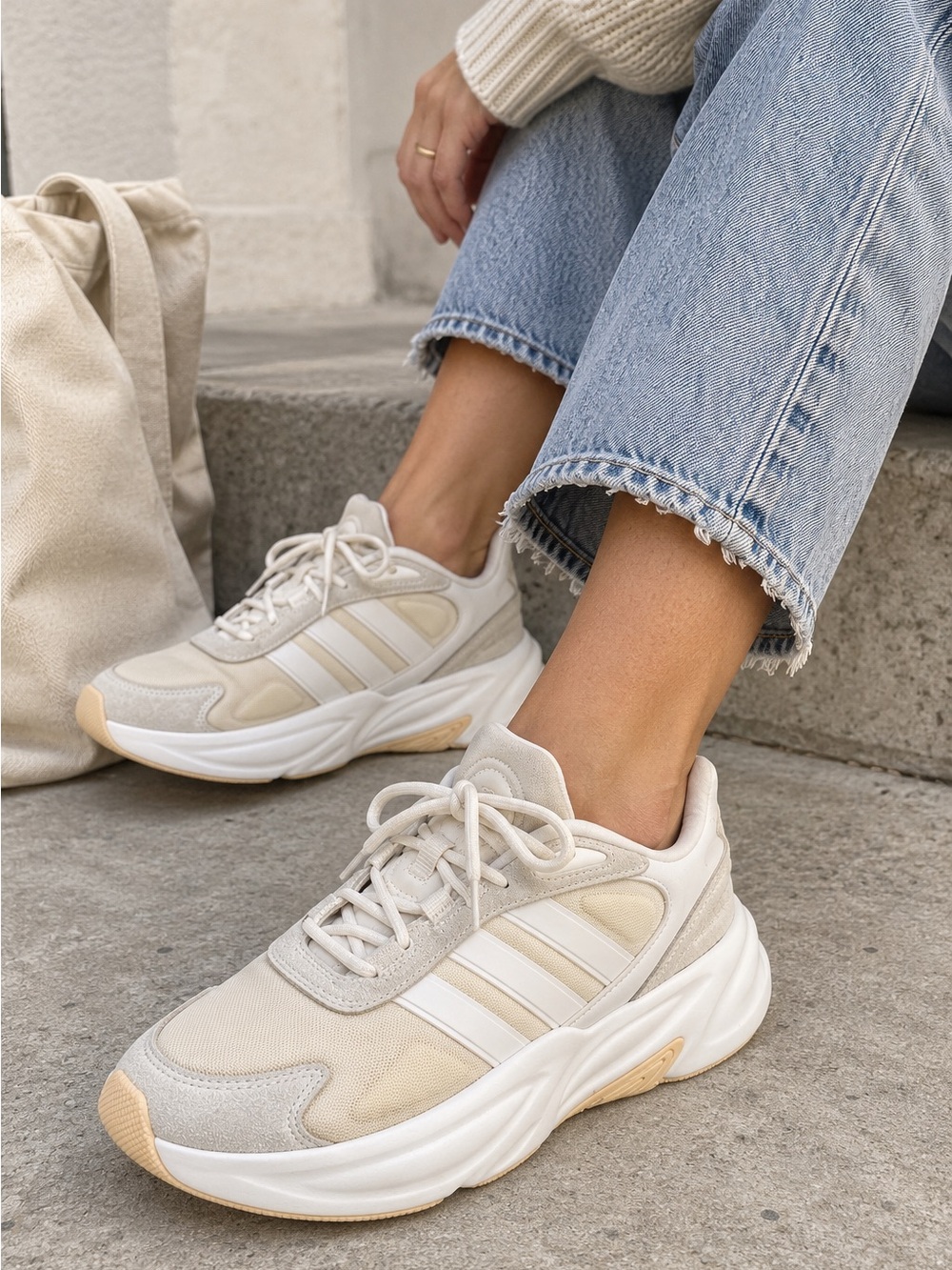 Adidas Ozelle Cloudfoam Chunky Sneakers Cream White 9.5